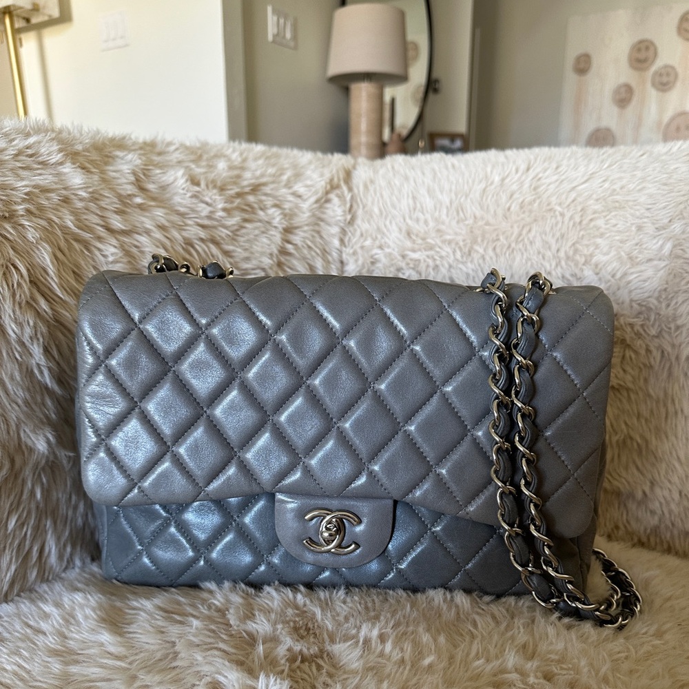 Authentic Chanel Classic Jumbo Single Flap Bag in Grey Lambskin Silver Hardware